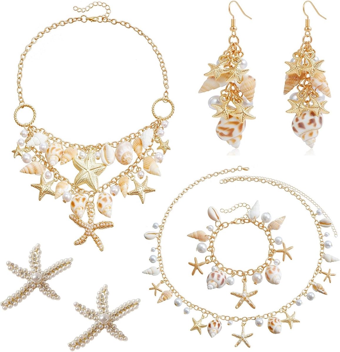 Dames Zeemeermin Kostuum met Sieraden Accessoires, Sterrenzeef, Schelp Halsketting, Armband, Haarspeld en Oorbellen voor Carnaval