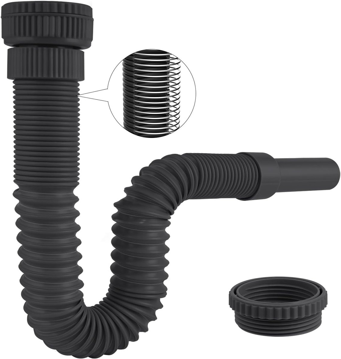 Universele Siphon voor Wasbak 1-1/4 Inch en 1-1/2 Inch, Flexibel met Stalen Draad, 32 mm Afvoer voor Keuken en Badkamer, Zwart