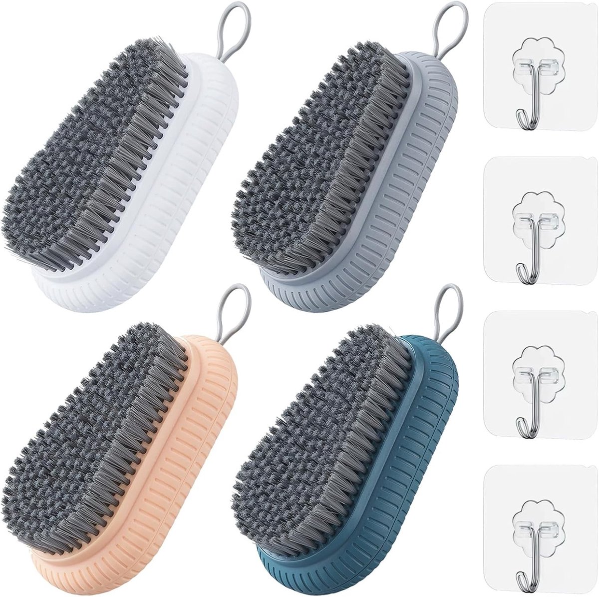 Set van 4 Handwasborstels met Ophangkoord en 4 Hechthaken voor Schoenen, Badkamer en Werkplaats