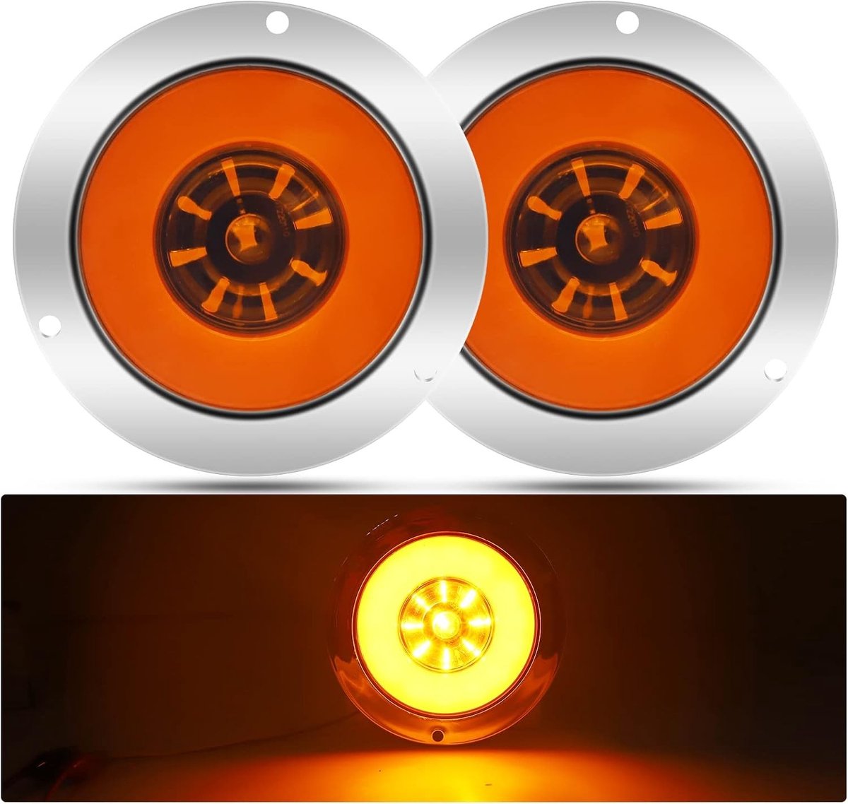 Ronde 24-LED Achterlichten voor Trucks, Trailers en Campers - Chromen Rem- en Achterlichten, Set van 2 (Geel)