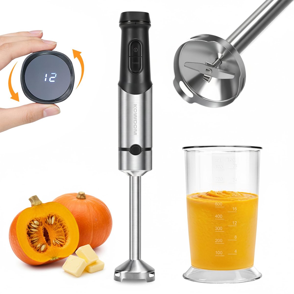 Staafmixerset 12 snelheden - roestvrij staal - met maatbeker en hakmolen - ideaal voor soepen en sauzen - ShopVlot