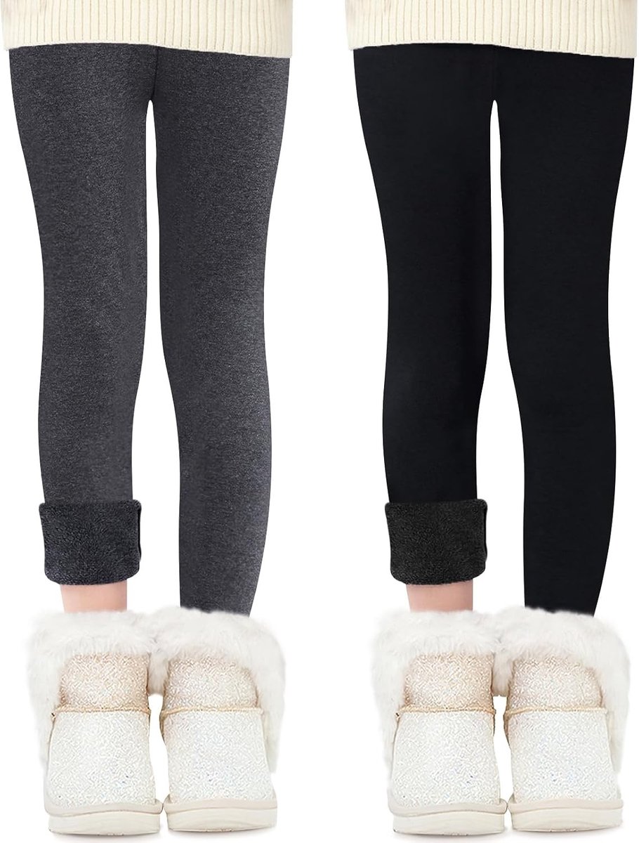 Meisjes Leggings Set van 2, Katoenen Gevoerde Broekjes in Zwart en Donkergrijs, 8-9 jaar, Comfortabel en Stijlvol
