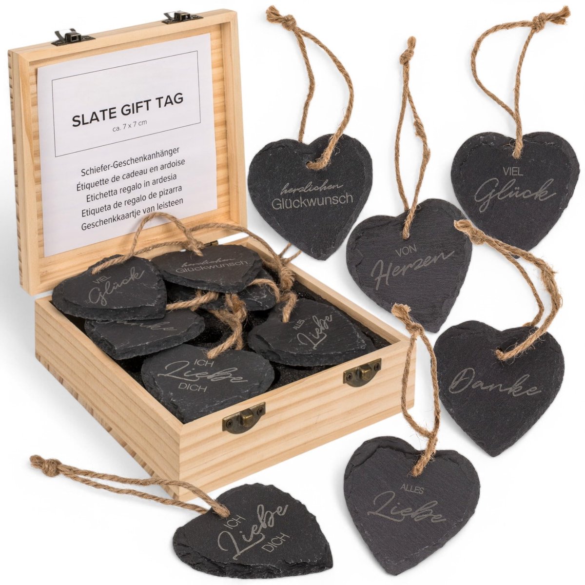 Dailygoods- Cadeauhangers set van 24 - Hartvormige leisteen - Gegraveerde spreuken - Jute koord - Houten doos - Perfect voor decoratie - Decoratiehangers
