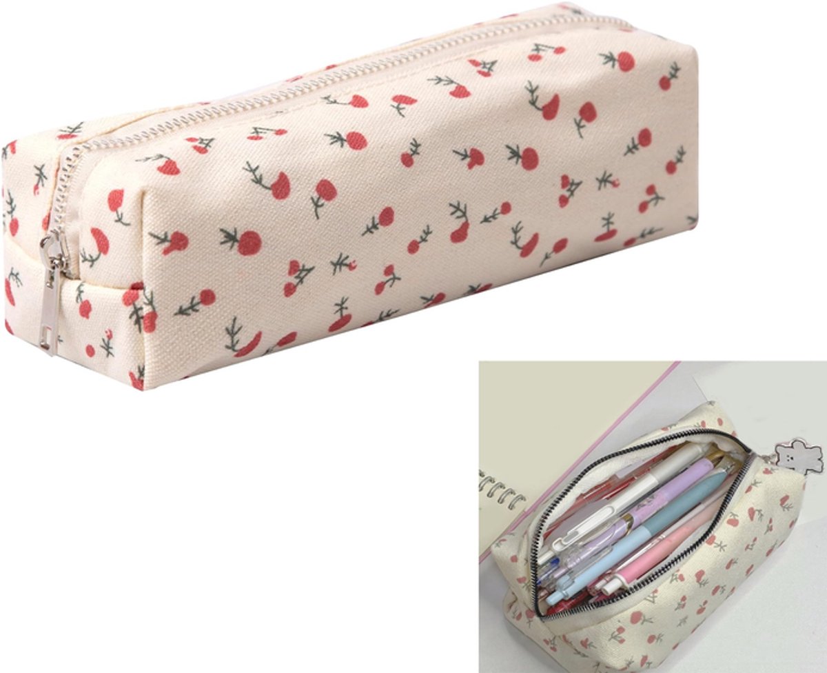 KZQ Schattige pennenzak esthetisch witte bloemenprint voor studenten potlood etui opbergtas voor pennen munten en make-up kantoororganizer voor kinderen tieners school Witte gebroken bloemen