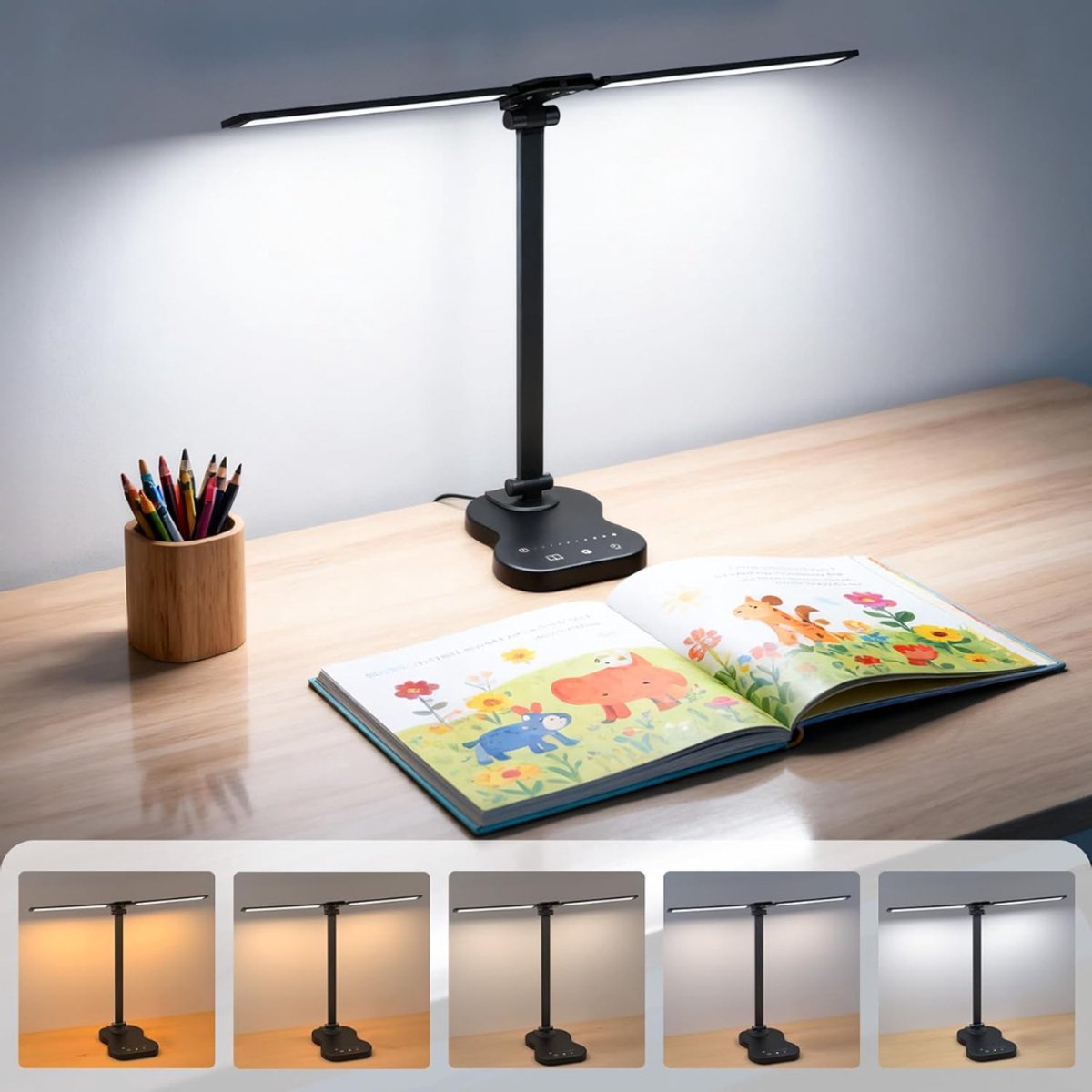 QORA® Bureaulamp LED - Burolamp - Bureaulamp Met Klem - Bureaulamp Kind - Bureaulamp LED Dimbaar - Zwart - 38cm x 4cm x 12cm