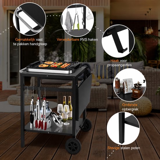 Buitenkeuken op Wielen - BBQ Trolley - Met Opbergkast & Planken - Werktafel voor Buiten - Staal, roestvrij staal, kunststof - Multifunctioneel - Zwart — afbeelding 2