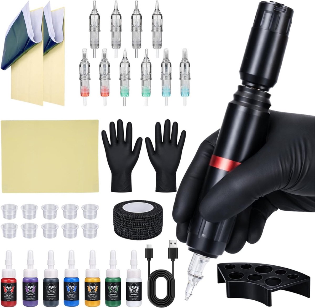 CRLYN® Tattoo Machine met Accessoires - Tattoo kit Draadloos - Complete Set - Zwart