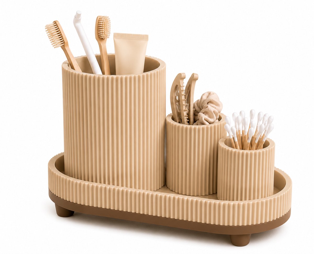 Badkamer Organizer Set – Tandenborstelhouder, Wattenstaafhouder & Opbergbakje