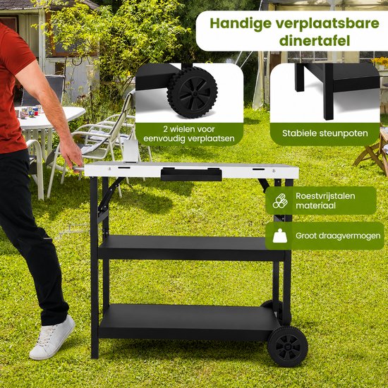 Buitenkeuken op Wielen - BBQ Trolley - Met Opbergkast & Planken - Werktafel voor Buiten –Metaal en roestvrij staal - Multifunctioneel - Zwart en zilver — afbeelding 4