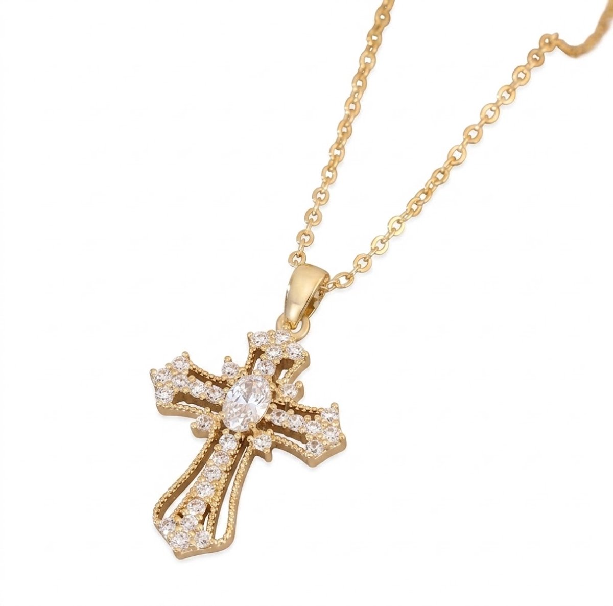 Goudkleurige dames ketting met kruisvormige hanger – ingelegd met transparante steentjes en ovale centrale steen