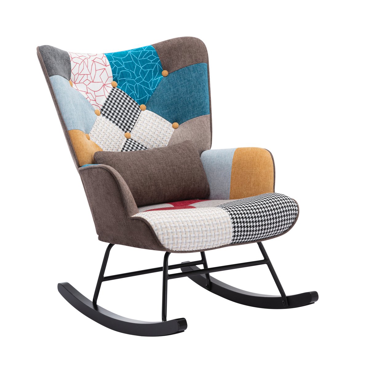 HomeMiYN Schommelstoel – Patchwork Rocking Chair – Comfortabele Fauteuil met Bruin Sierkussen – Stalen Frame Schommelstoel voor Woonkamer en Slaapkamer