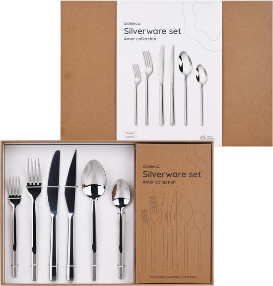 Deleca Amor zilverkleurige bestekset voor 12 personen, 72-delig, in een geschenkverpakking.