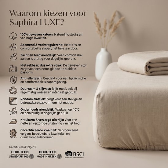 Gedetailleerde informatie over Saphira LUXE hoeslakens, met iconen en tekst. Een deel van een bed is zichtbaar.