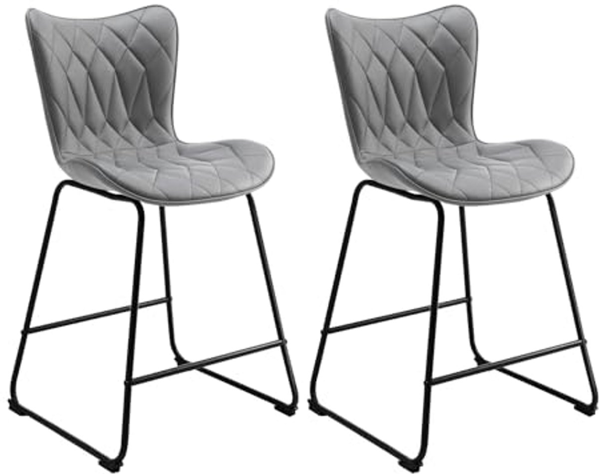 HomeMiYN Barkruk Set van 2 – Donkergrijs Kunstleer met Diamantstiksel – Hoge Keuken Barkrukken met Rugleuning – Stevig Metalen Frame – 150kg Draagvermogen