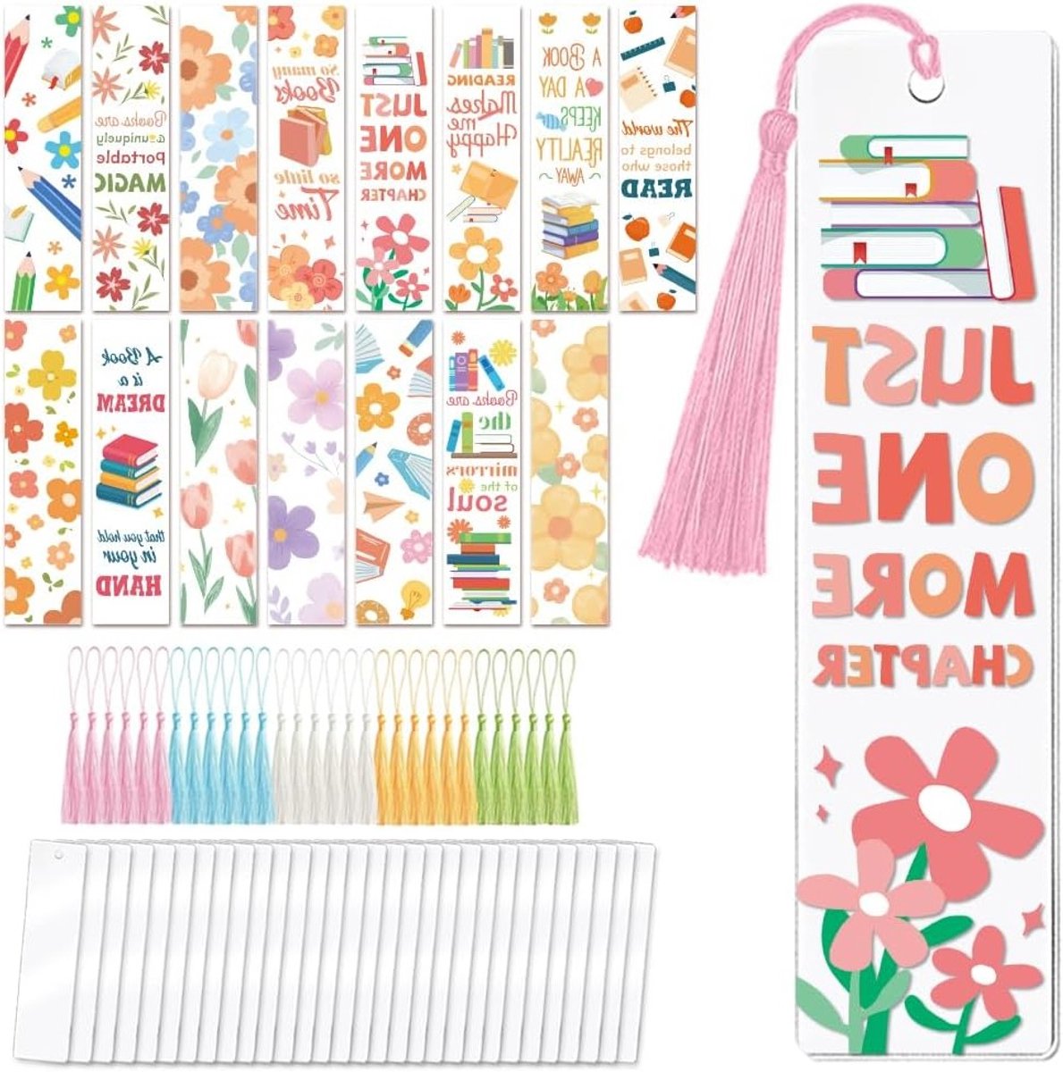 90-delige bloemen en citaten UV DTF boekenlegger maakset voor volwassenen en kinderen, DIY gepersonaliseerde boekenleggers, stickers en wikkels voor studenten en docenten