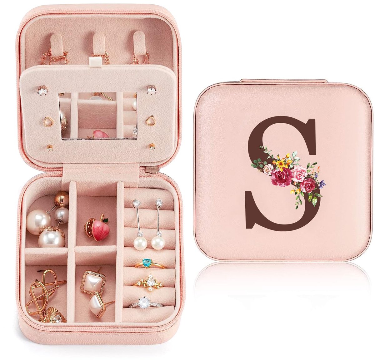 Dailygoods - Klein Sieradendoosje voor Dames - Reisdoos met Spiegel en Initiaal S