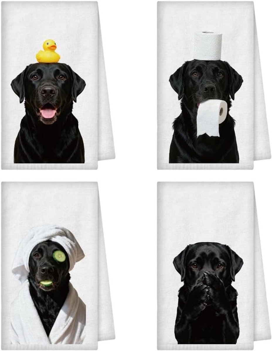 Grappige labrador retriever hondenhanddoeken - 4 stuks microvezel theedoeken voor keuken en badkamer, absorberend en zacht, 61 x 40 cm