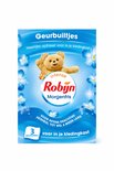 Verpakking Robijn Intense Geurbuiltjes met berenkop, omringd door blauwe bloemen. 'Heerlijke opfrisser' staat er.