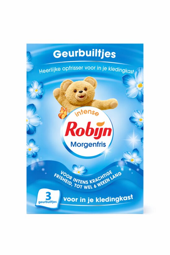 Verpakking Robijn Intense Geurbuiltjes met berenkop, omringd door blauwe bloemen. 'Heerlijke opfrisser' staat er.