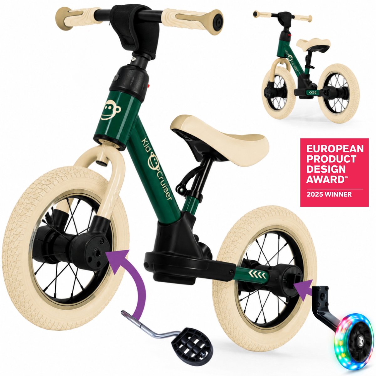 Kidcruiser Loopfiets 2+ jaar - Optioneel met LED Zijwieltjes & Trappers - 3-in-1 Kinderfiets - 12 inch – Donker Groen & Creme wit – Modulair Design - Driewieler loopfiets