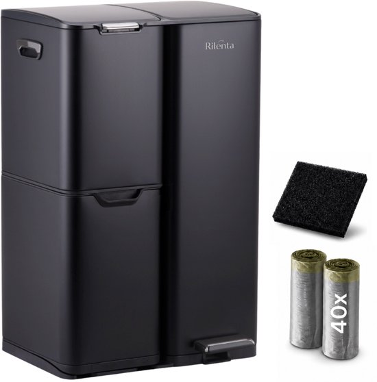 Poubelle de tri des déchets Rilenta 60 L - 3 compartiments (30 L-17 L-13 L) - Poubelle à pédale en acier inoxydable avec fermeture en douceur - Comprend 40 Sacs poubelles - Zwart