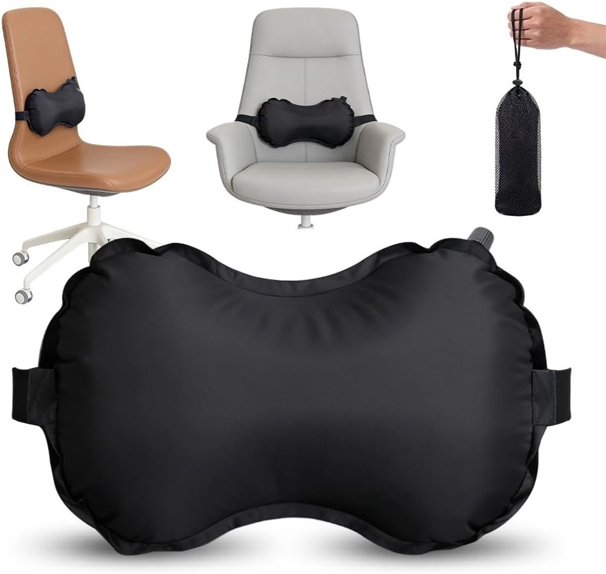 Opblaasbaar Lendenkussen voor Auto en Reizen - Ergonomisch Ondersteunend Kussen voor Nek en Rug, Ideaal voor Lange Rit of Vliegtuig, 38 x 22 cm