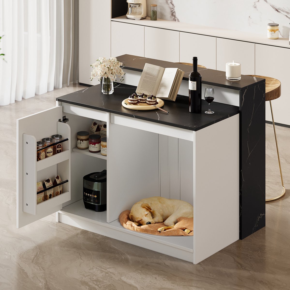 DESMIU Bartafel - Multifunctionele Keukeneiland Met Bartafel En Huisdierplek - Voor Keuken En Eetkamer - MDF En Melamine - 120x80x100 Cm - Zwart Wit