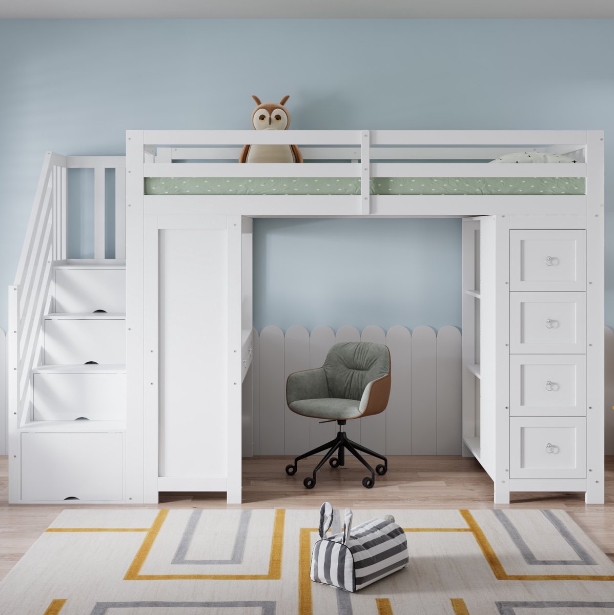 FloraGrace Hoogslaper 90x200 cm - Met Bureau en Opbergruimte - Met Ladder en Uitvalbeveiliging - Zonder Matras - Hout MDF Spaanplaat - Wit