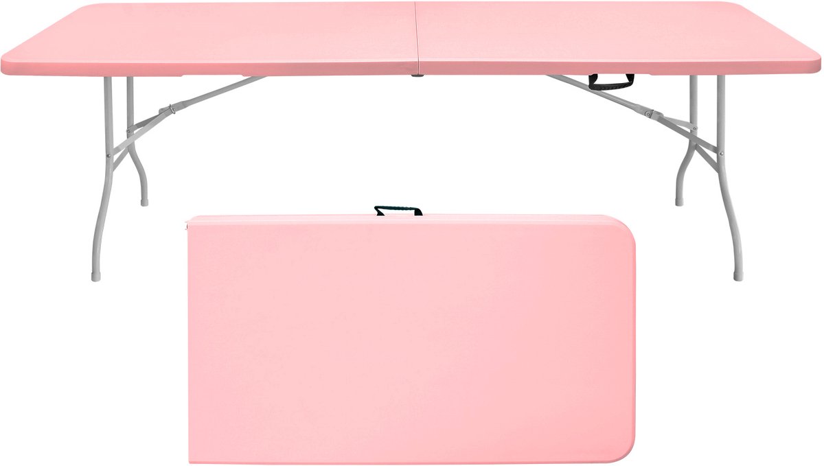 MIVRAY Picknicktafel - Inklapbare Zware Vouwtafel Met Draaggreep - Voor Tuin Camping En Feest - HDPE En Metaal - 244x76x73,6 Cm - Roze