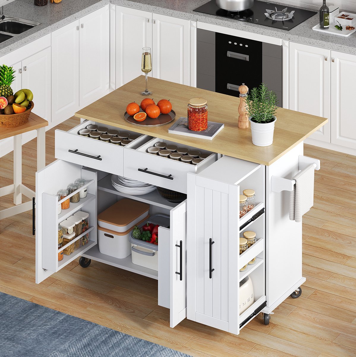 DESMIU Keukeneiland - Uitklapbaar Werkblad En 3-Laags Uittrekrek - Verrijdbaar Met 2 Lades Voor Keuken En Eetkamer - MDF - 120x65x90 Cm - Wit Naturel