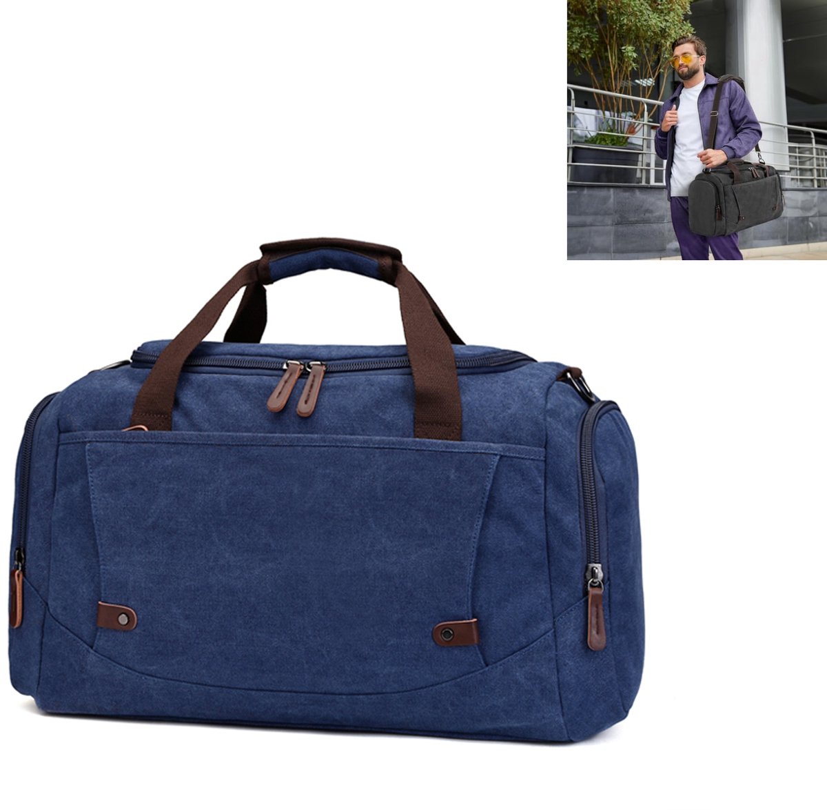 KZQ Stijlvolle canvas reisduffel voor dames en heren - Multifunctionele weekendtas voor overnachting en reizen - Donkerblauw