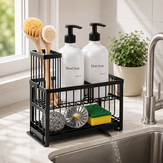 Organisateur d'évier noir avec deux bouteilles blanches, trois brosses, une éponge et une brosse métallique.