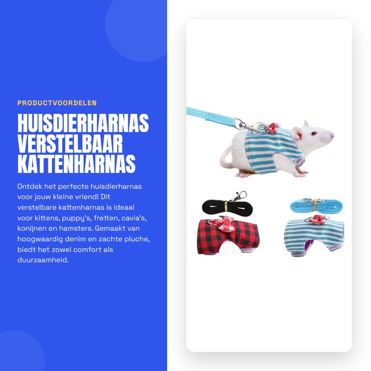 Dailygoods- Huisdierharnas Verstelbaar - Kattenharnas - Borstband Voor Kleine Dieren - Fret/Cavia/Konijn/Hamster - Zacht/Duurzaam Materiaal - Inclusief Trekkoord