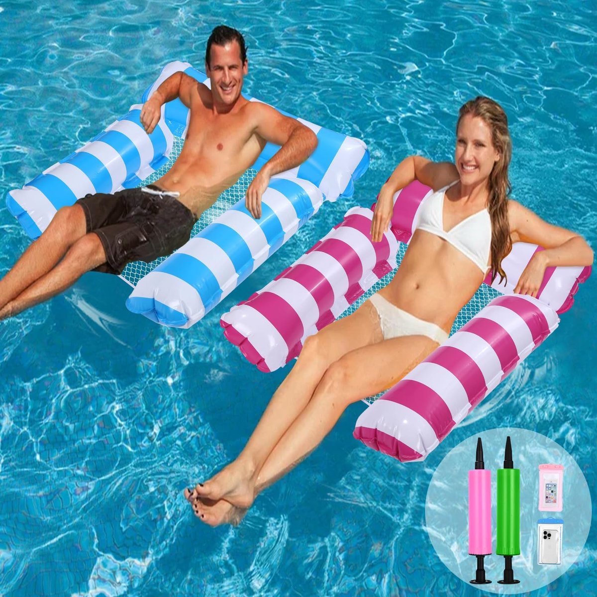 SnelShoppen - Air Mattress Set 2 Stuks - Water Hammock voor Volwassenen - Zwembad Speelgoed met Telefoonhoes - 4-in-1 Water Lounge - Geel en Blauw - P