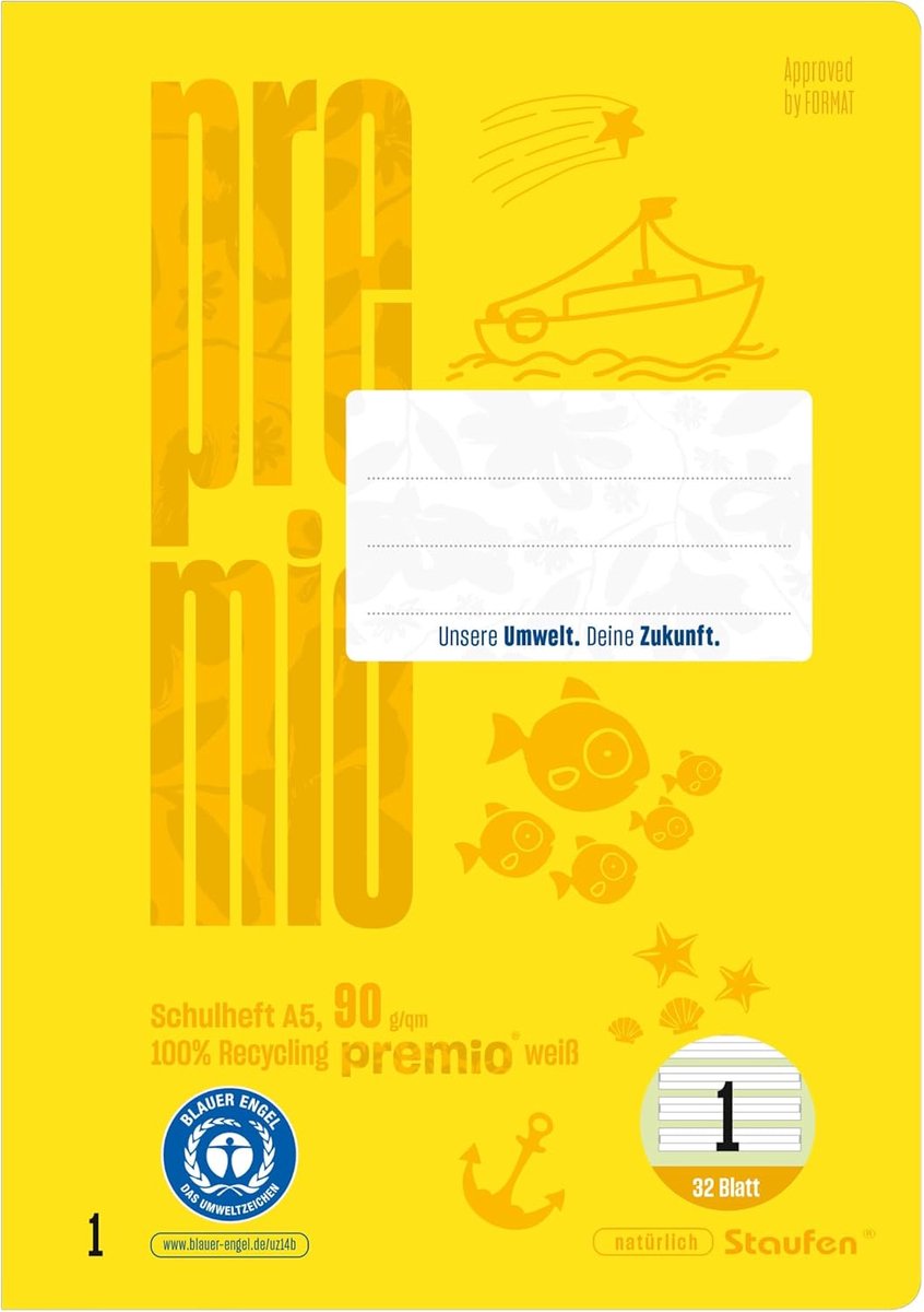 Thijox - Staufen Premio Schriften Set van 5, DIN A5, 32 Vel, Gelijnd 5/5/5 mm, 90 g/m², Milieuvriendelijk Schrijfblok voor School, Kantoor, Notities