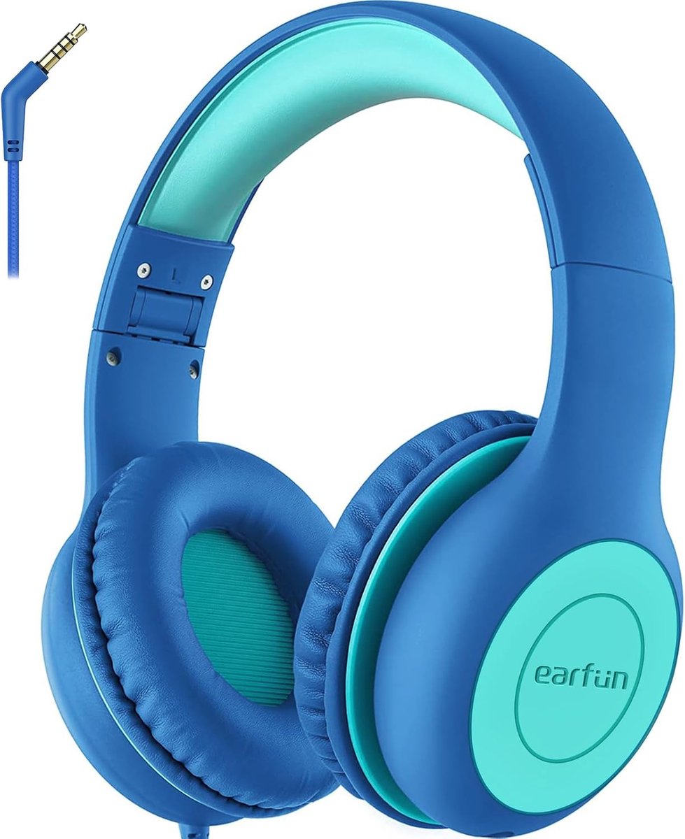 Thijox - Kinderkoptelefoon met Kabel, Veilige Limiter 85 dB, 3,5 mm jack, Audio Sharing, Verstelbare Hoofdband, Opvouwbaar, Blauwgroen voor School en