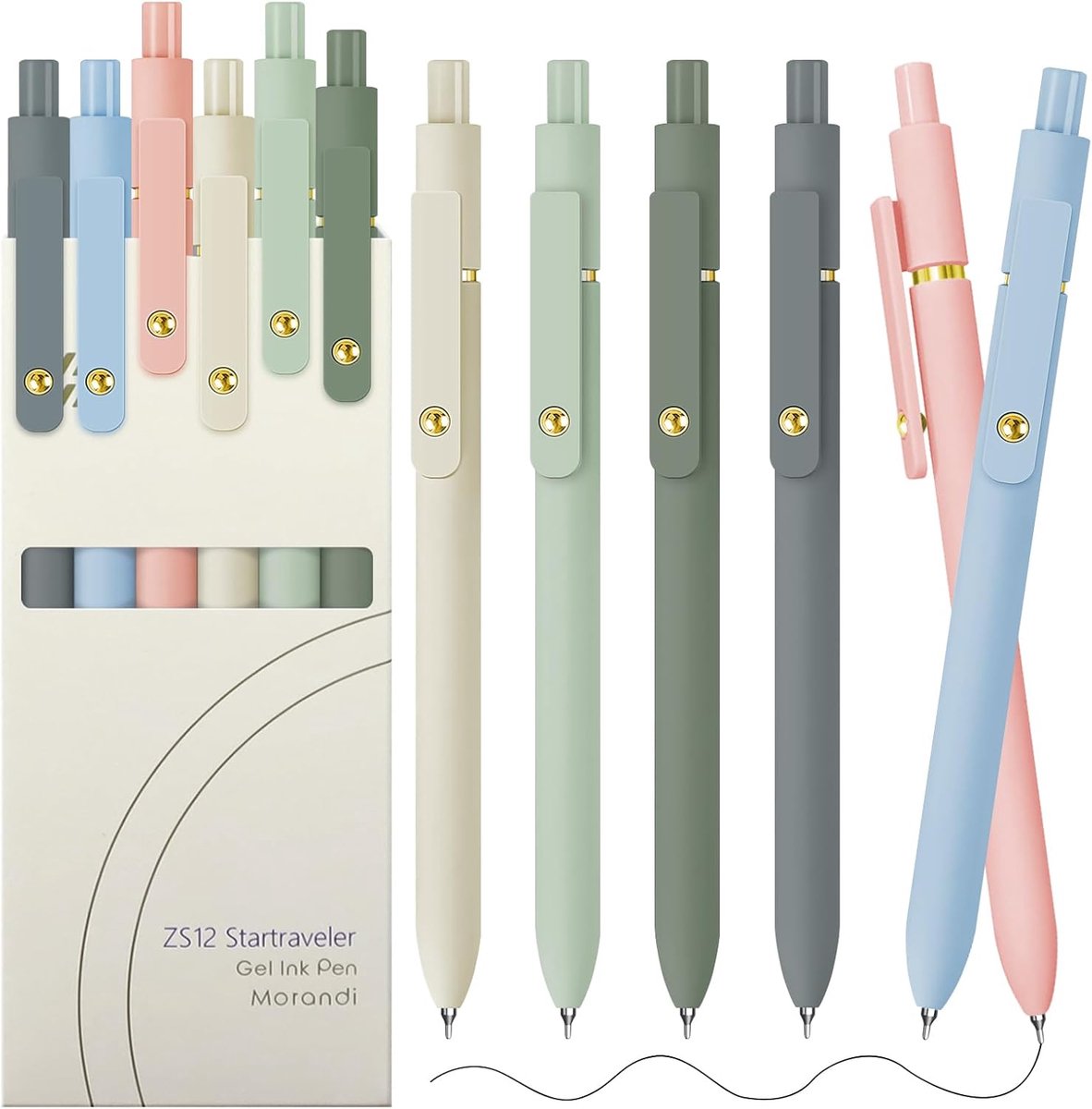 SnelShoppen - Gelpennen 6-Packs, 0.5mm Zwarte Inkt Pennen, Gouden Morandi Huls, Fijne Punt, Soepele Schrijfervaring, Sneldrogende Pennen voor School e