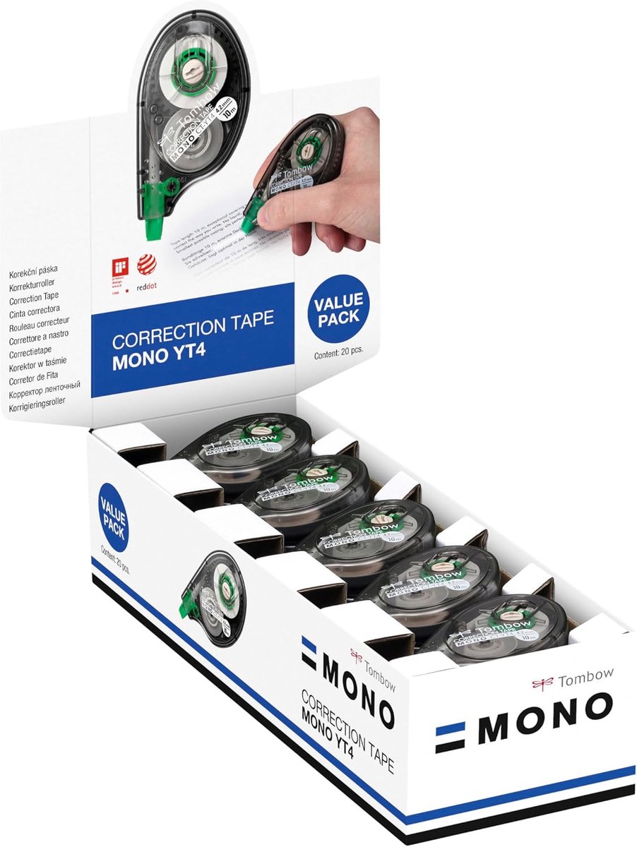 Thijox - Correctieroller 4,2 mm x 10 m Office Pack à 20 stuks - Zijdelings afrollen, Ergonomisch design, Scheurvaste PET-band, Directe correctie, Scho