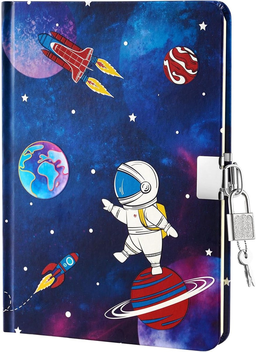 Thijox - Lichtgevend Dagboek voor Kinderen, Ruimte Thema Notitieboek voor Jongens, 20x14,5cm, 160 Gelinieerde Pagina's met Slot en Sleutel, Perfect vo