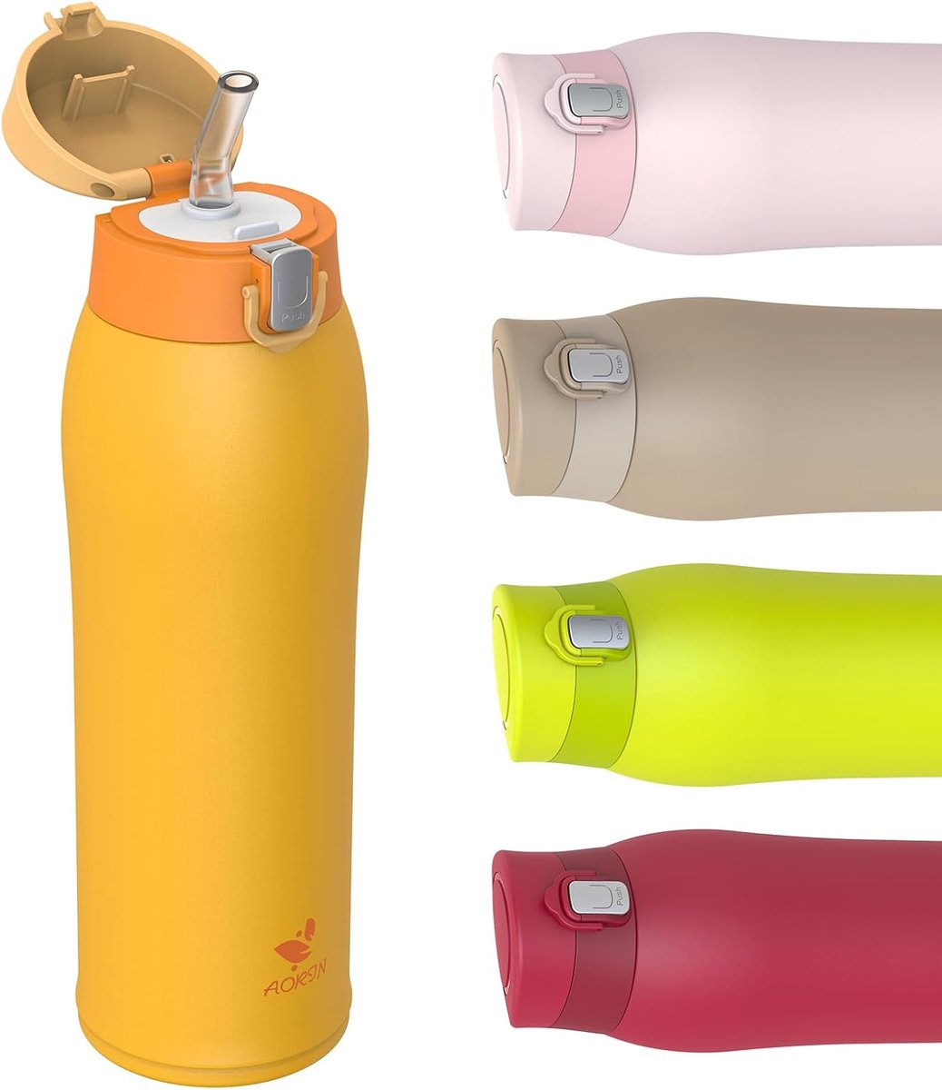 SnelShoppen - Drinkfles 350 ml/500 ml/750 ml, 18/8 RVS, Lekvrij, Met Rietje, BPA Vrij, Voor School, Sport, Water, Fiets, Kleur: Divers