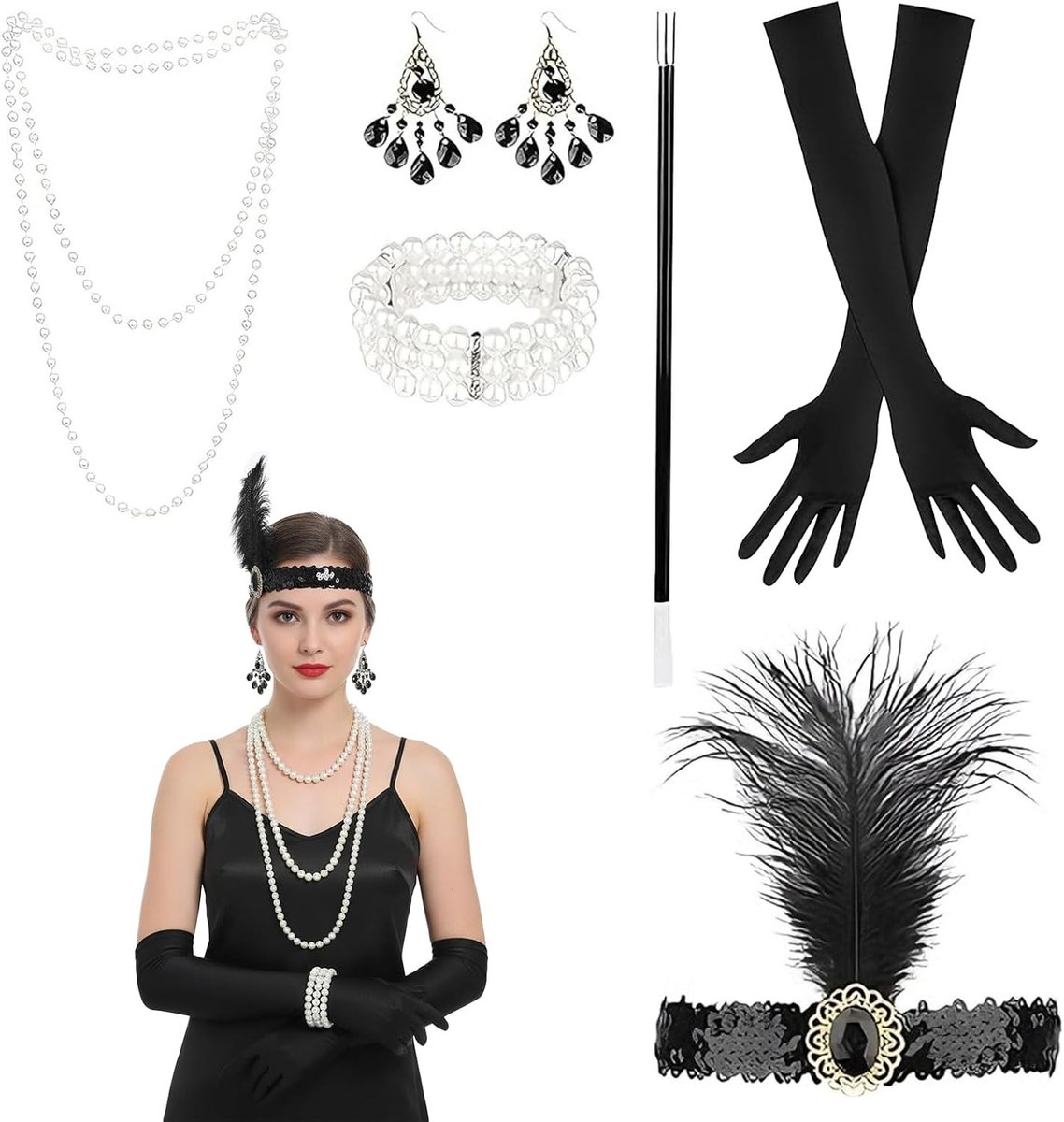 Charleston Flapper Stijl Kostuumaccessoires Set van 6, Zwart en Wit, Inclusief Handschoenen, Parelsnoer, Veer Haarband en Oorbellen voor Gatsby Feest en Themadans