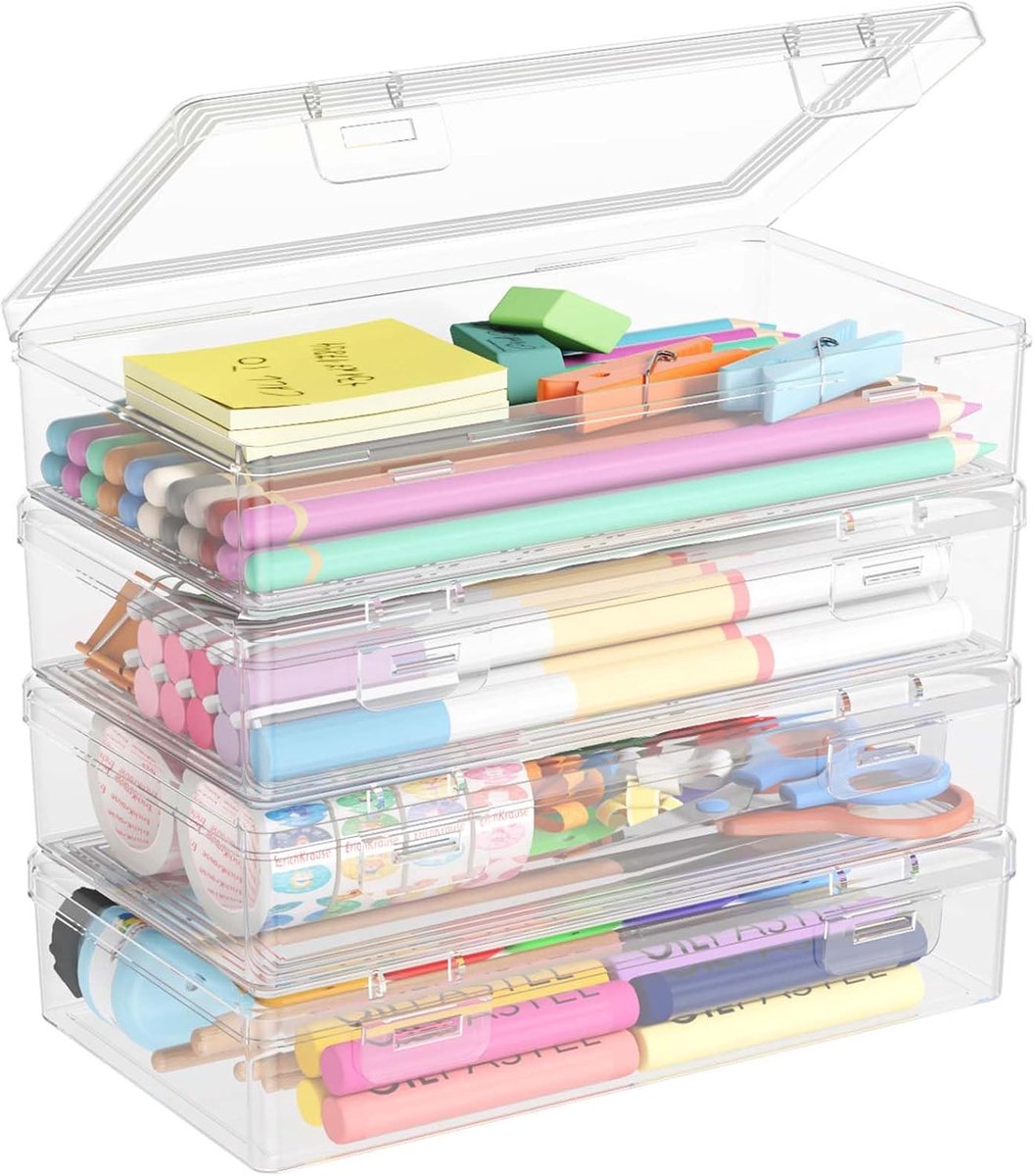 Thijox - Lifewit Plastic Potlooddoos met Klapdeksel, Grote Capaciteit Pennenetui Hard, Stapelbare Knutsel Organizer voor Tekenbenodigdheden, 4 Pack -