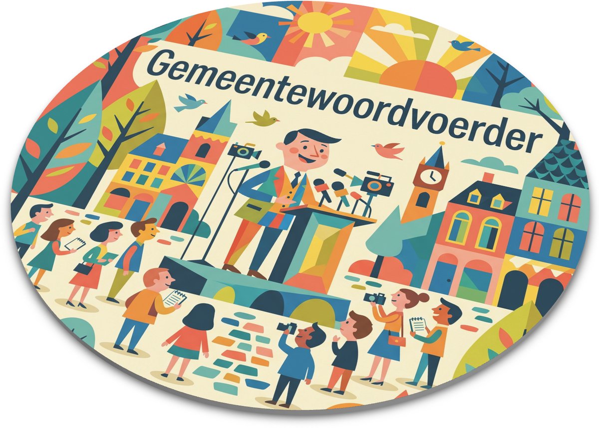 Ronde Muismat Gemeentewoordvoerder Mid-Century Retro Stijl Kleurrijke Beroepen Illustratie Uniek Cadeau voor Kantoor of Thuiswerkplek Diameter 22 cm