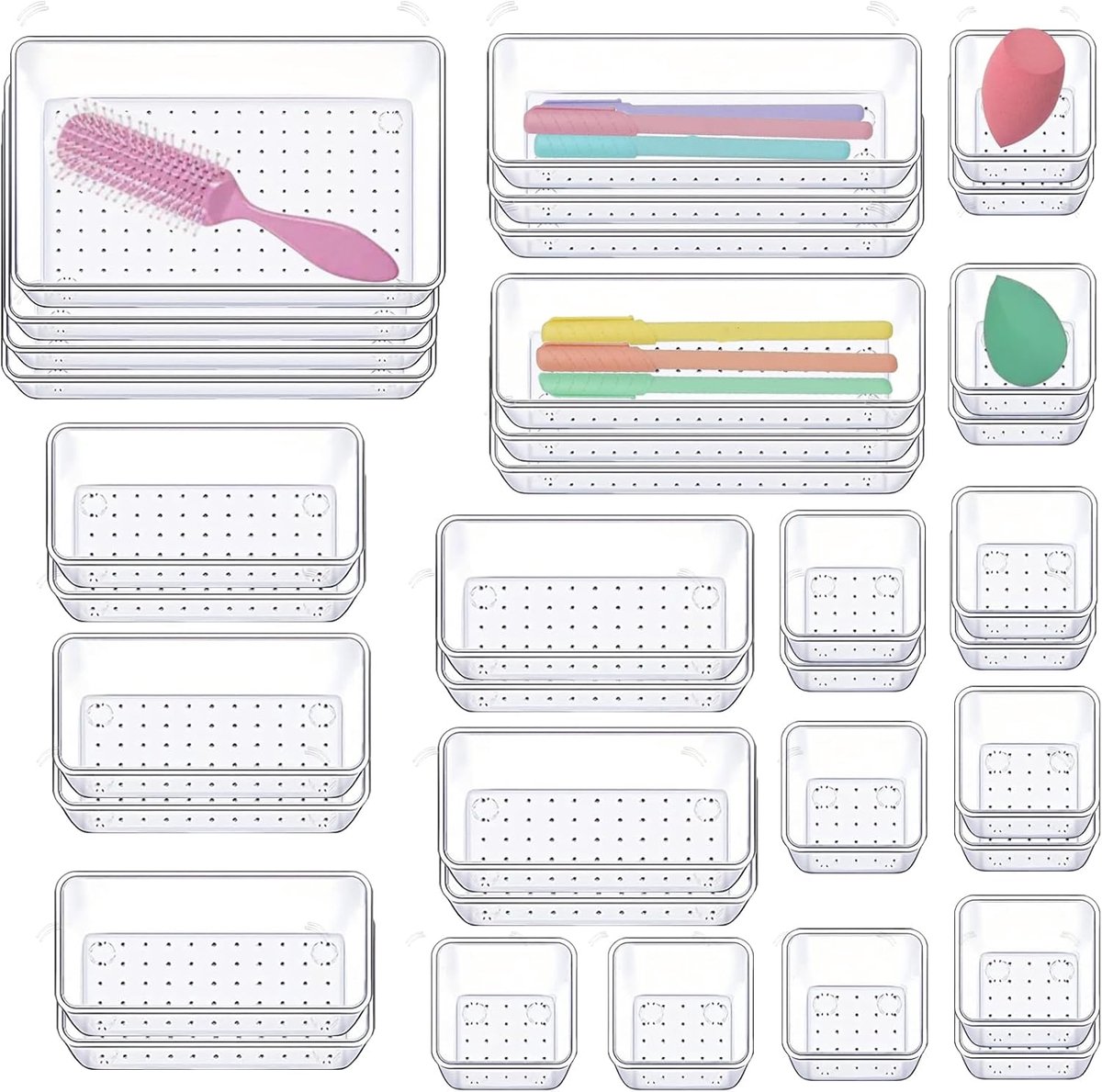 Thijox - Lade-organizer 36 stuks - Transparante make-up-organizer met 4 maten - Antislip, ruimtebesparend, roestvrij, voor bureau, keuken, badkamer