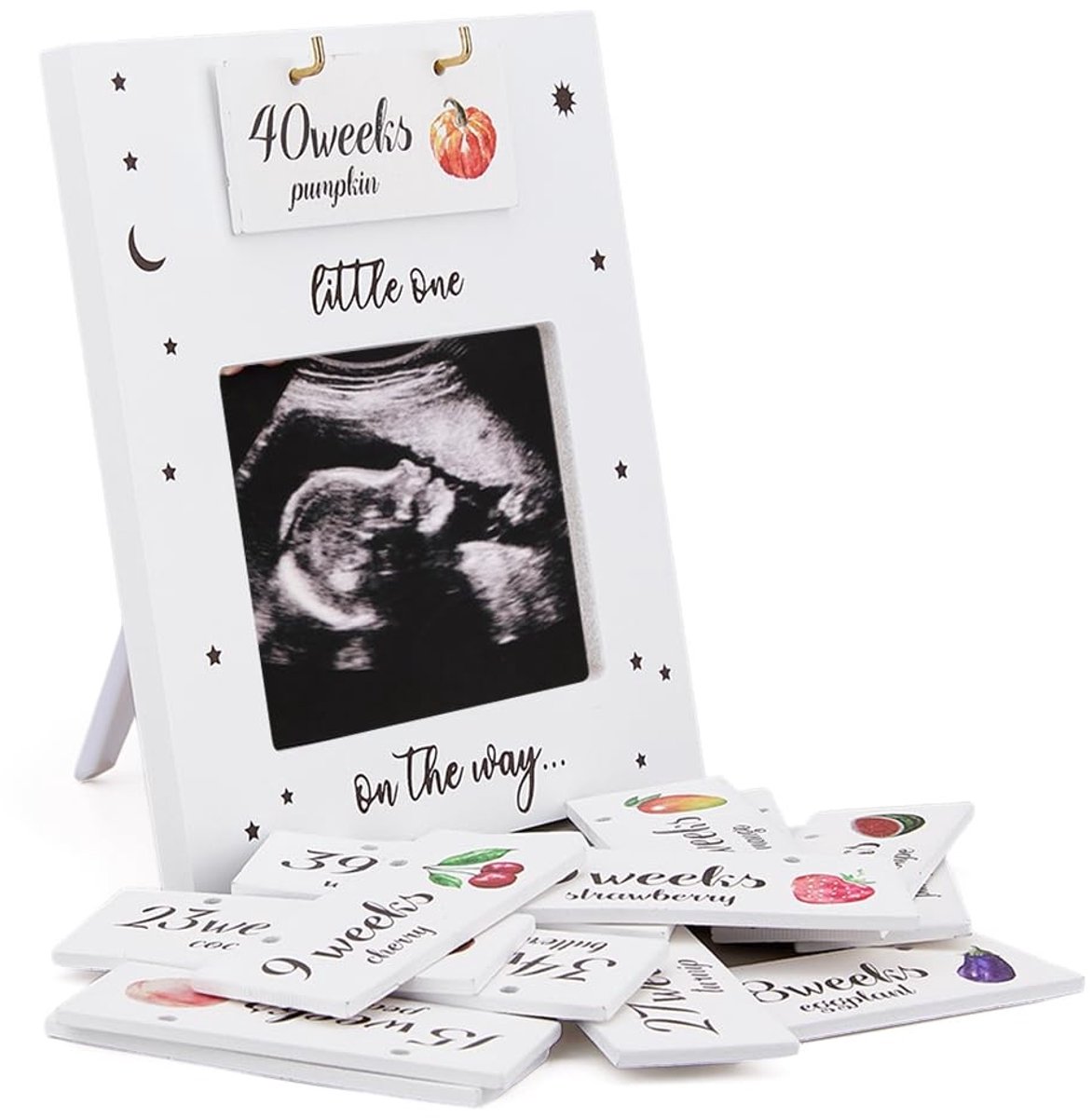 Dailygoods- Sonogram Fotolijst - Houten Houder - 17 Aftelkaarten - Zwangerschapsherinneringen - Decoratie - Cadeau voor Babyshower