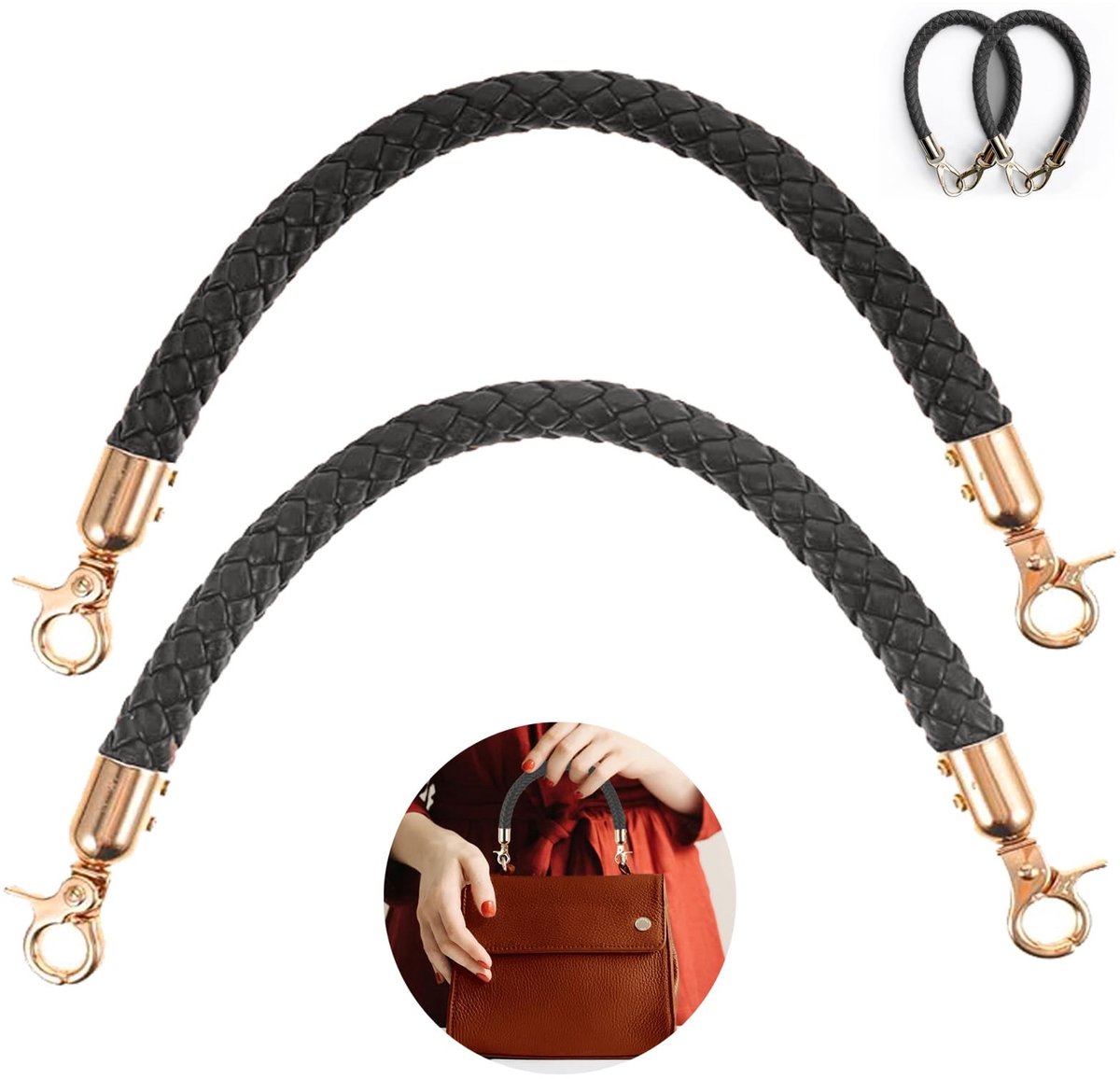 Dailygoods - Handtas vervangingsgreep, 2 stuks zwarte PU leren grepen, handtas handvaten leer 40 cm/15,7 in, vervangingsgreep voor handtasriemen met metalen haken, DIY accessoire voor tote handtassen en