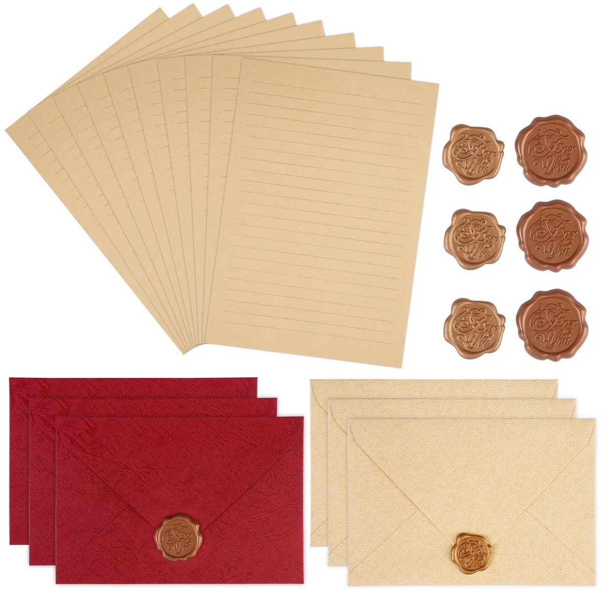 Dailygoods - Vintage Briefpapier met Envelop, Briefpapierset met 10 Vintage Briefpapier, 6 Linnen Enveloppen en 6 Zelfklevende Waszegels, voor Brieven, Liefdesbrieven, Huwelijksuitnodigingen, Verjaardagen
