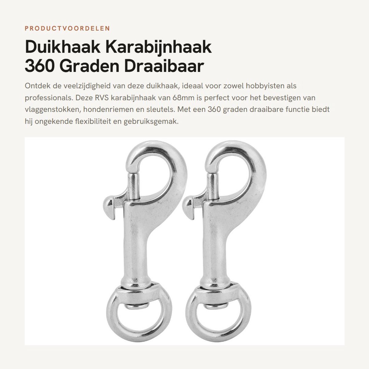 Dailygoods- Oogklik 68mm - Karabijnhaak 316 RVS - Draaibaar - Sleutelhanger - Vlaggenstok - Lichtgewicht 62g
