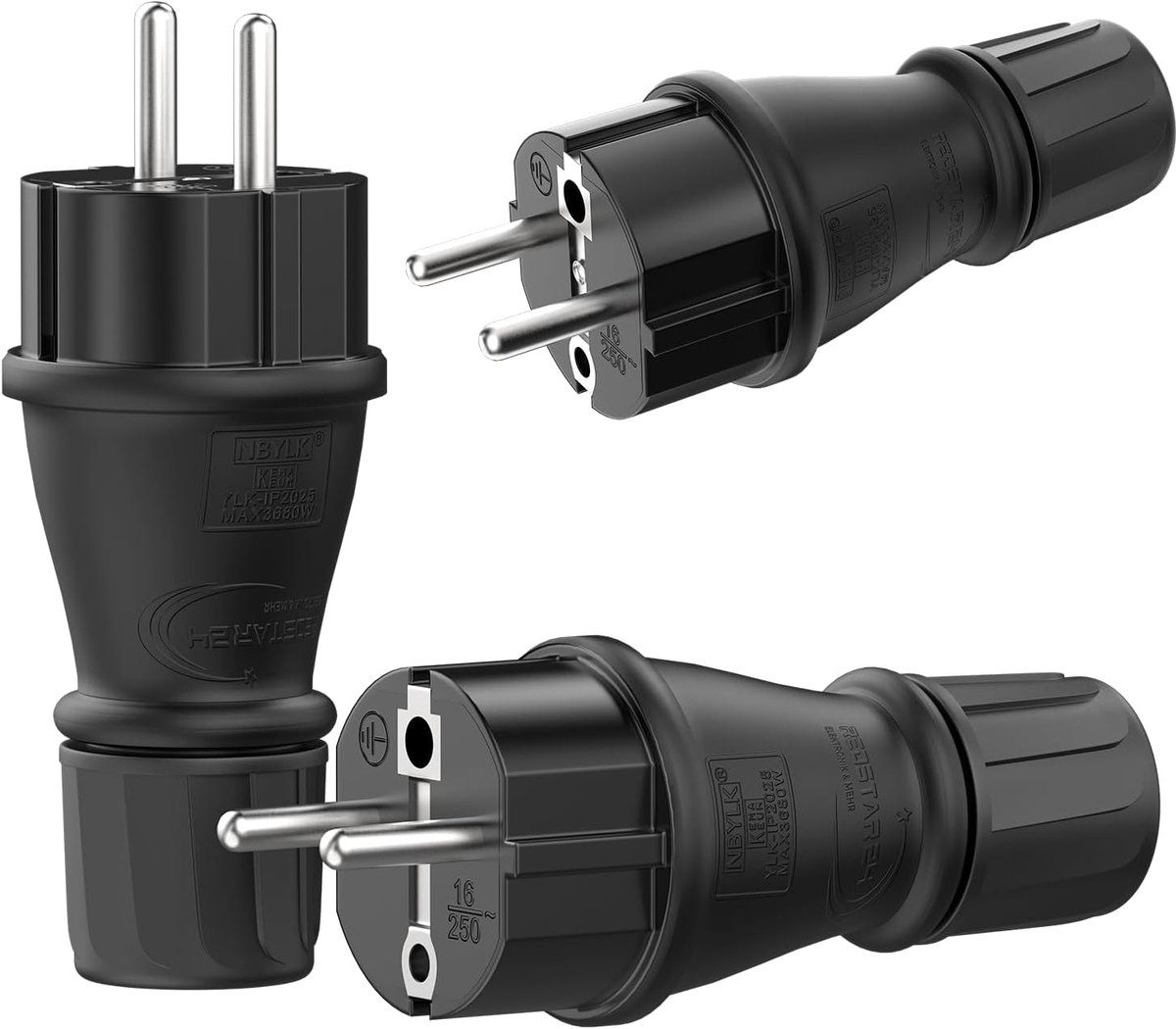 Thijox - Schuko-stekkers 230V IP54-set van 3 stuks | Robuuste geaarde stekkers van rubber en kunststof, zwart | Perfect voor buitengebruik | 3-polige