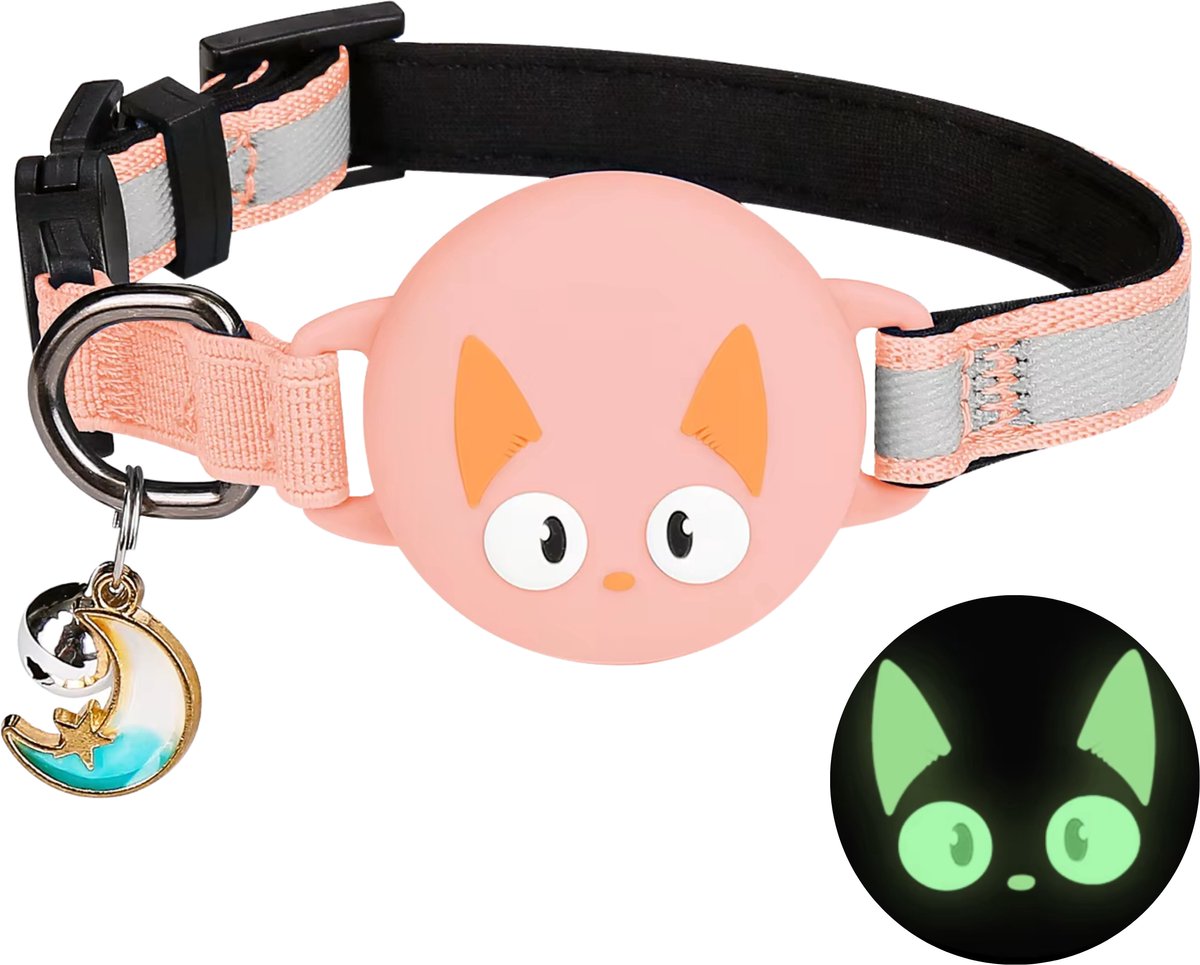 Pets n Paws Kattenhalsband Tag Houder - Verstelbare Halsband Kat - Met belletje - Glow in the Dark - Reflecterend - Geschikt voor AirTag - Kat GPS Tracker Houder - Kitten / Hond - Kattenbandje - Cat Collar - Kattenriem - Zalmroze